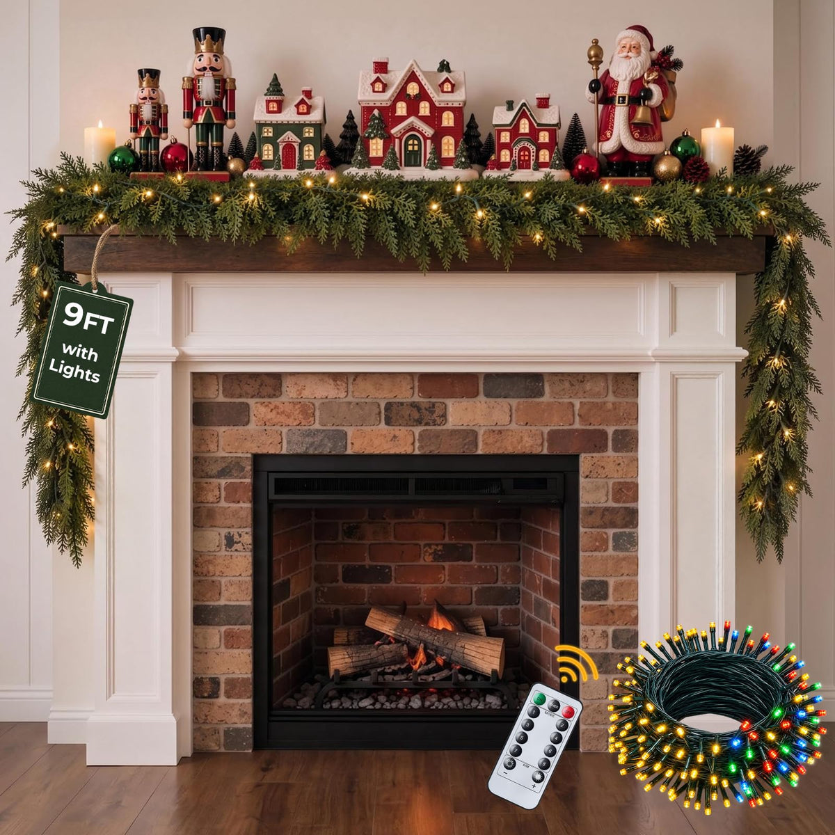 9Ft Prelit Real Touch Cedar Garland, Dimmable Remote, 8 Modes & Timer, Indoor Outdoor