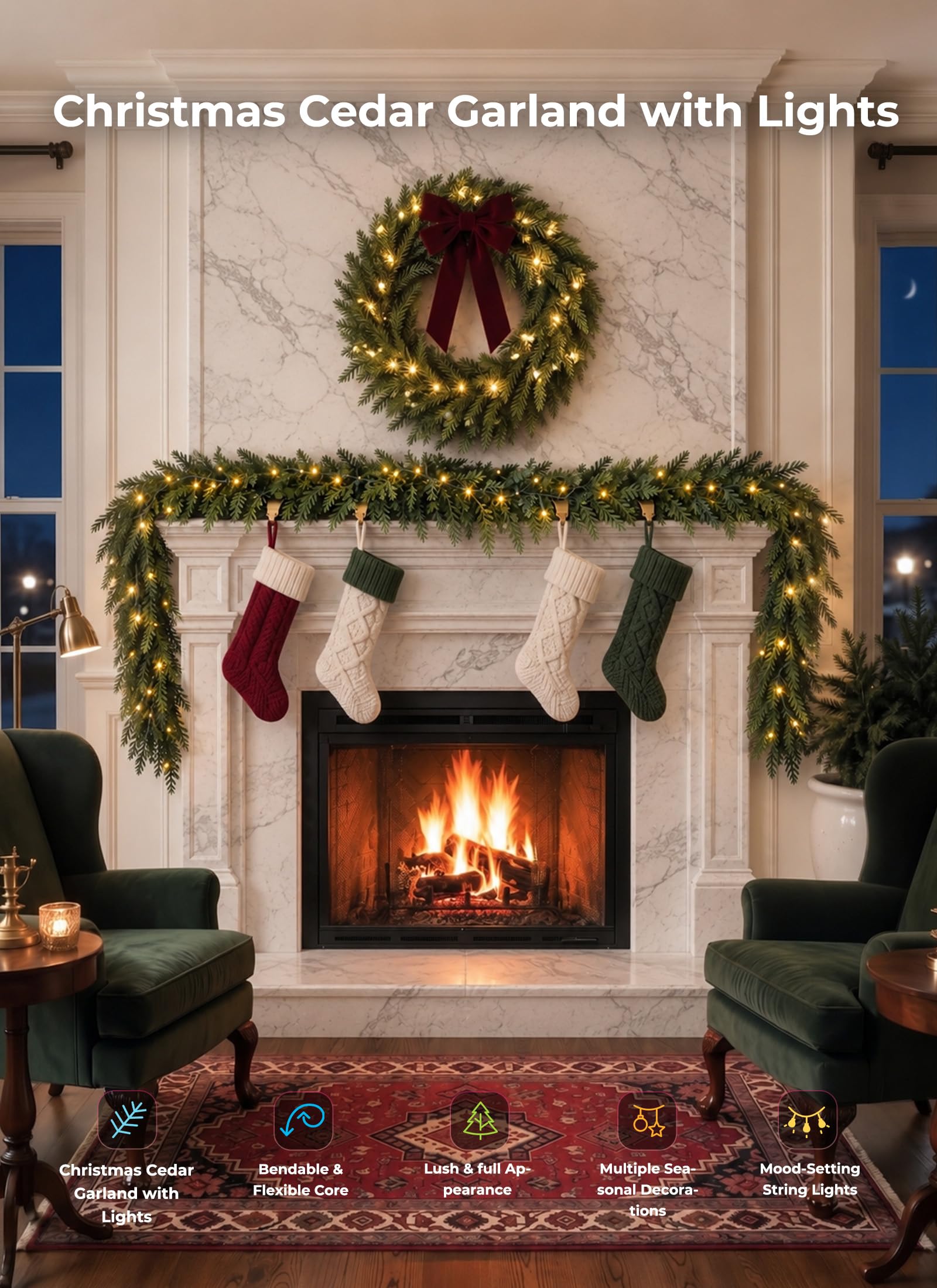 9Ft Prelit Real Touch Cedar Garland, Dimmable Remote, 8 Modes & Timer, Indoor Outdoor