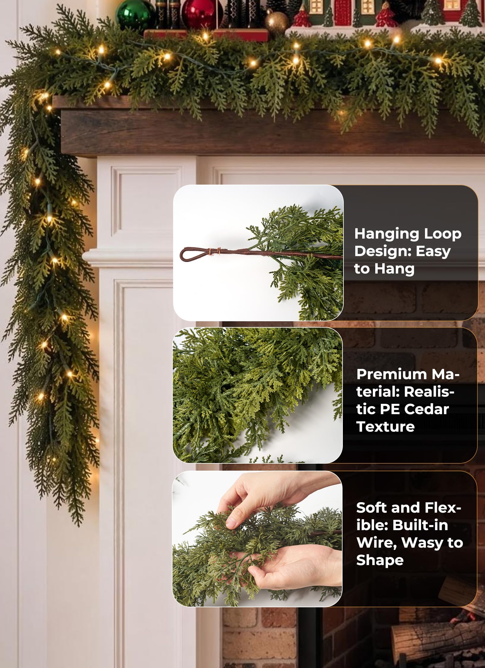 9Ft Prelit Real Touch Cedar Garland, Dimmable Remote, 8 Modes & Timer, Indoor Outdoor