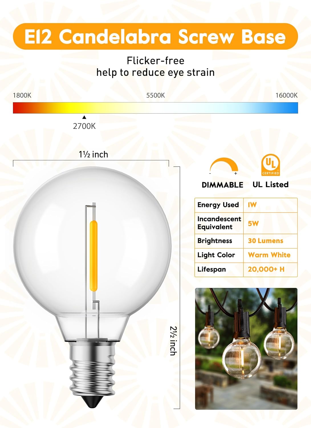 G40 1W 120V Globe LED Light Bulbs, Warm White
