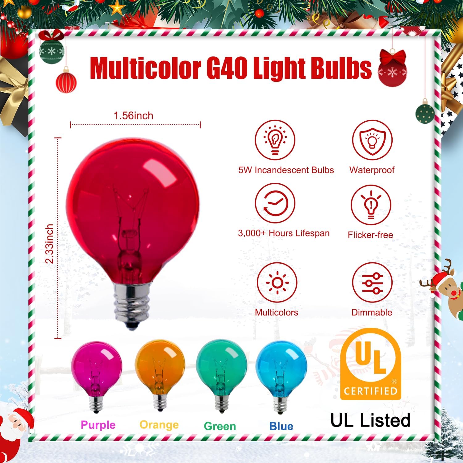 25 Pack Multicolor G40 Christmas Replacement Bulbs, UL Listed