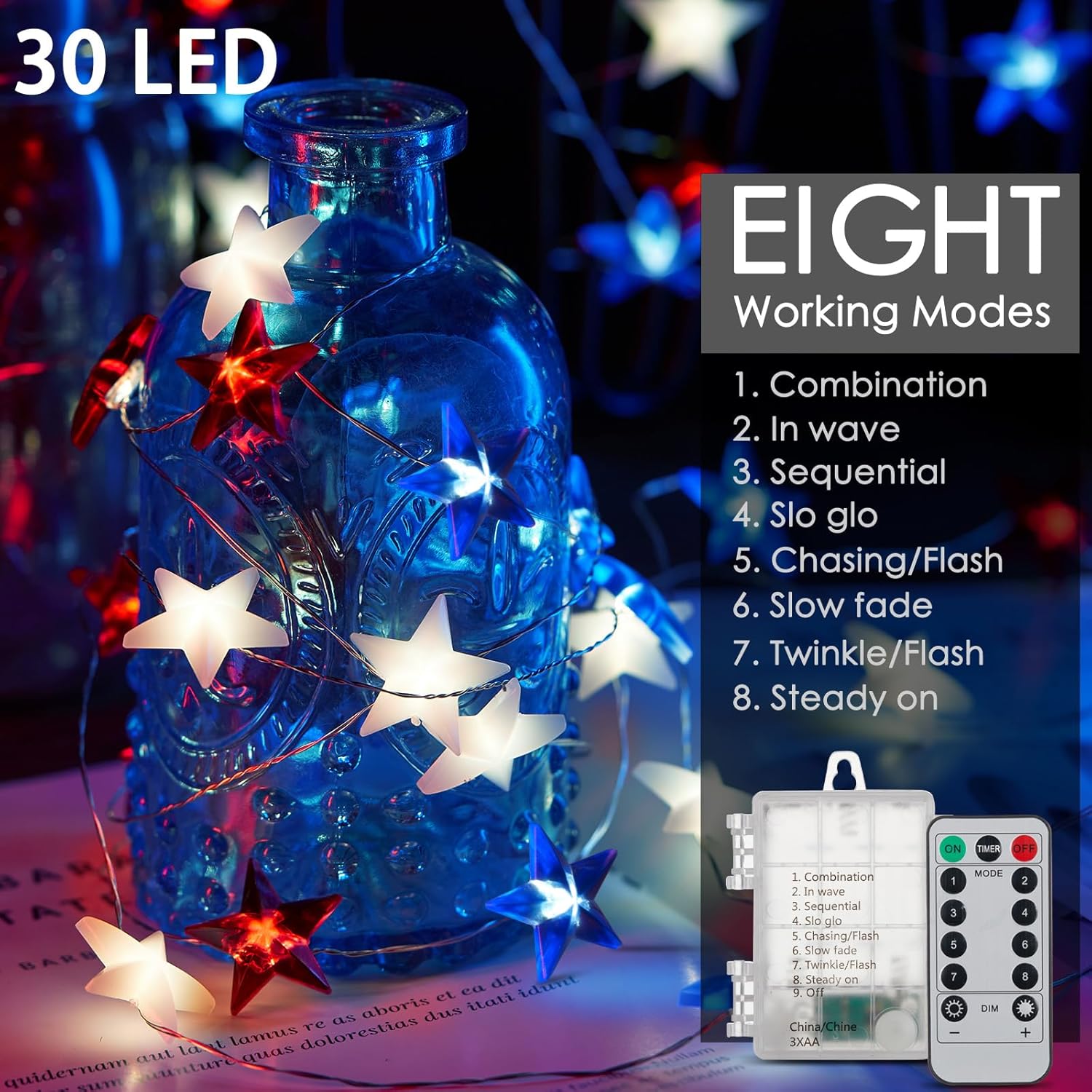 Battery Operated Red White Blue Star String Lights, 11 FT 30 LED, Remote & Timer
