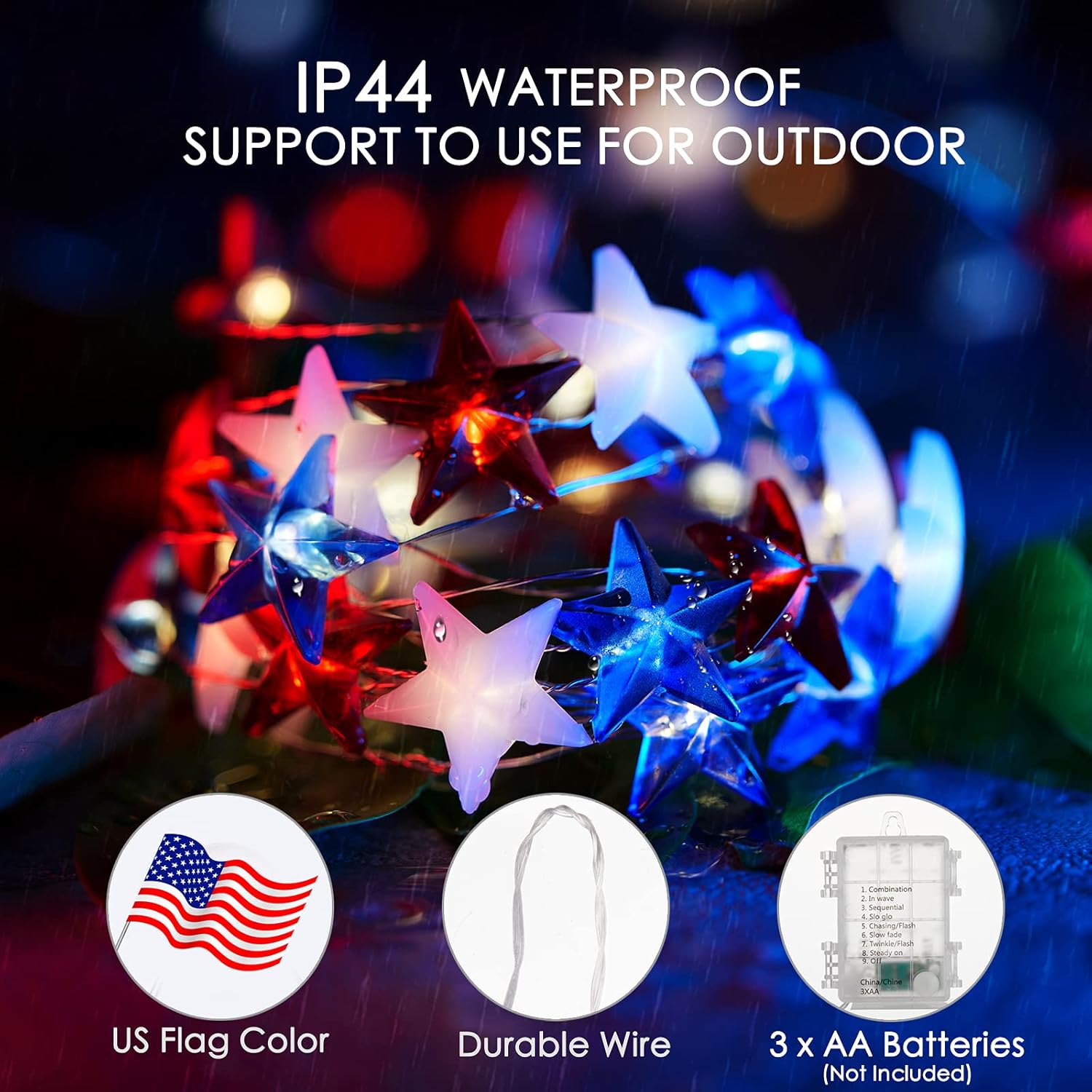 Battery Operated Red White Blue Star String Lights, 11 FT 30 LED, Remote & Timer