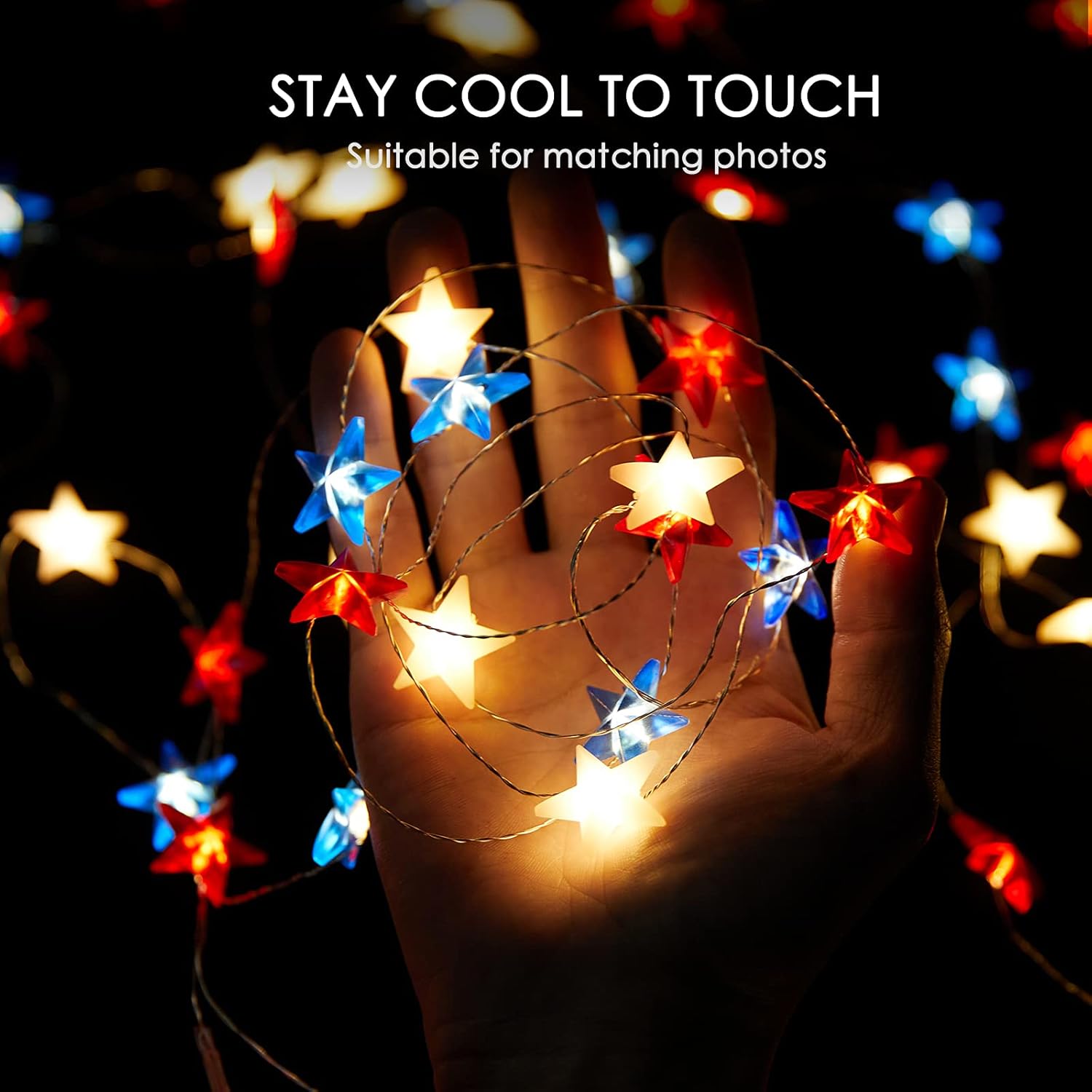 Battery Operated Red White Blue Star String Lights, 11 FT 30 LED, Remote & Timer