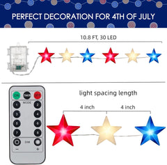 Battery Operated Red White Blue Star String Lights, 11 FT 30 LED, Remote & Timer