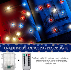 Battery Operated Red White Blue Star String Lights, 11 FT 30 LED, Remote & Timer