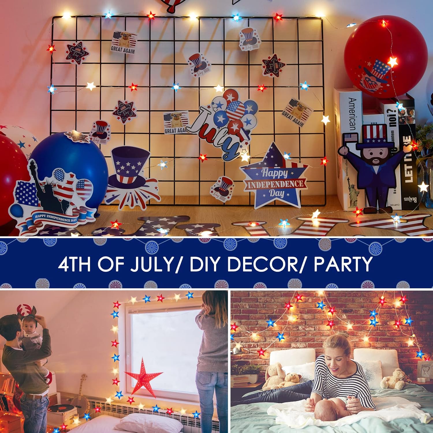 Battery Operated Red White Blue Star String Lights, 11 FT 30 LED, Remote & Timer