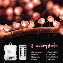 Pink Heart Fairy Lights - 10.5 FT 30 LED, Battery Operated with Remote