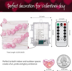 Pink Heart Fairy Lights - 10.5 FT 30 LED, Battery Operated with Remote