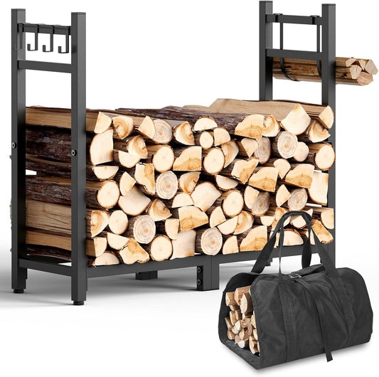 Heavy Duty Firewood Rack - Black, Adjustable Feet