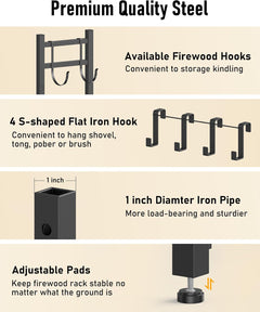 Heavy Duty Firewood Rack - Black, Adjustable Feet