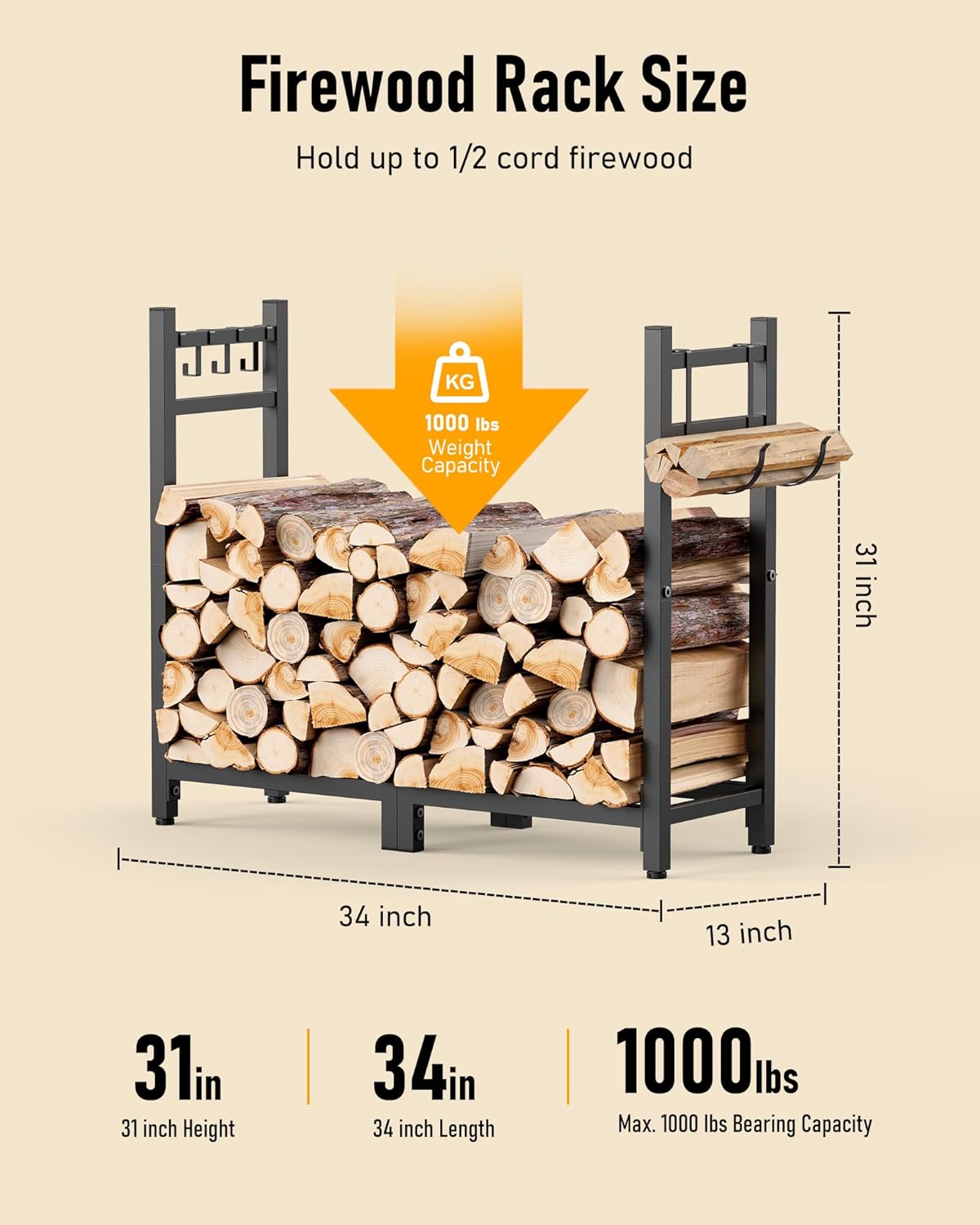 Heavy Duty Firewood Rack - Black, Adjustable Feet