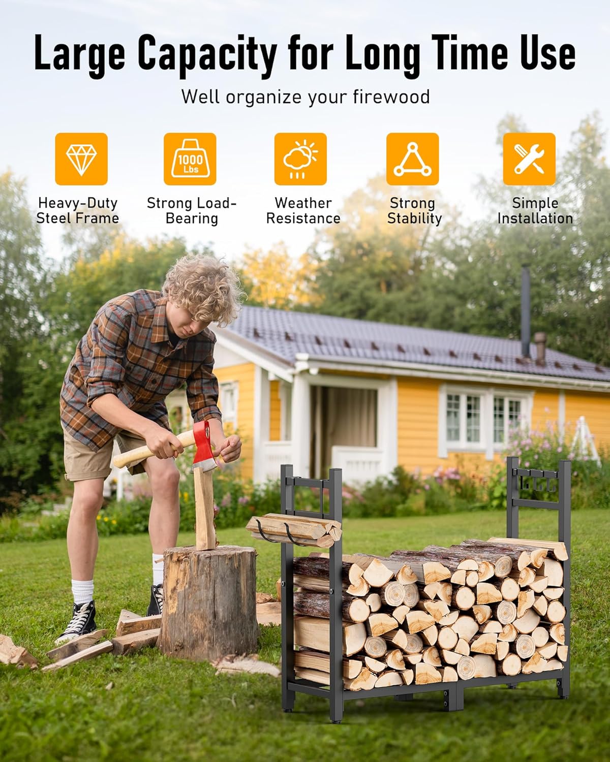 Heavy Duty Firewood Rack - Black, Adjustable Feet