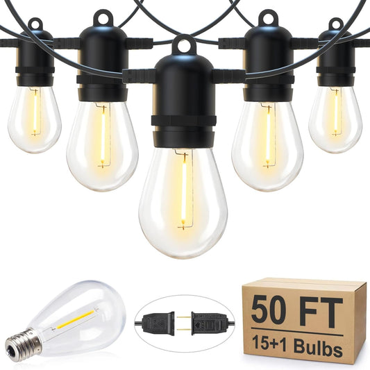 50FT Outdoor String Lights with 16 Shatterproof S14 Edison Bulbs, Waterproof for Patio and Garden