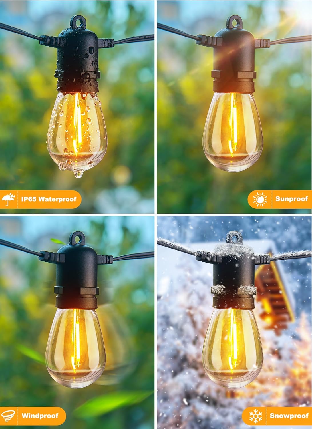 50FT Outdoor String Lights with 16 Shatterproof S14 Edison Bulbs, Waterproof for Patio and Garden