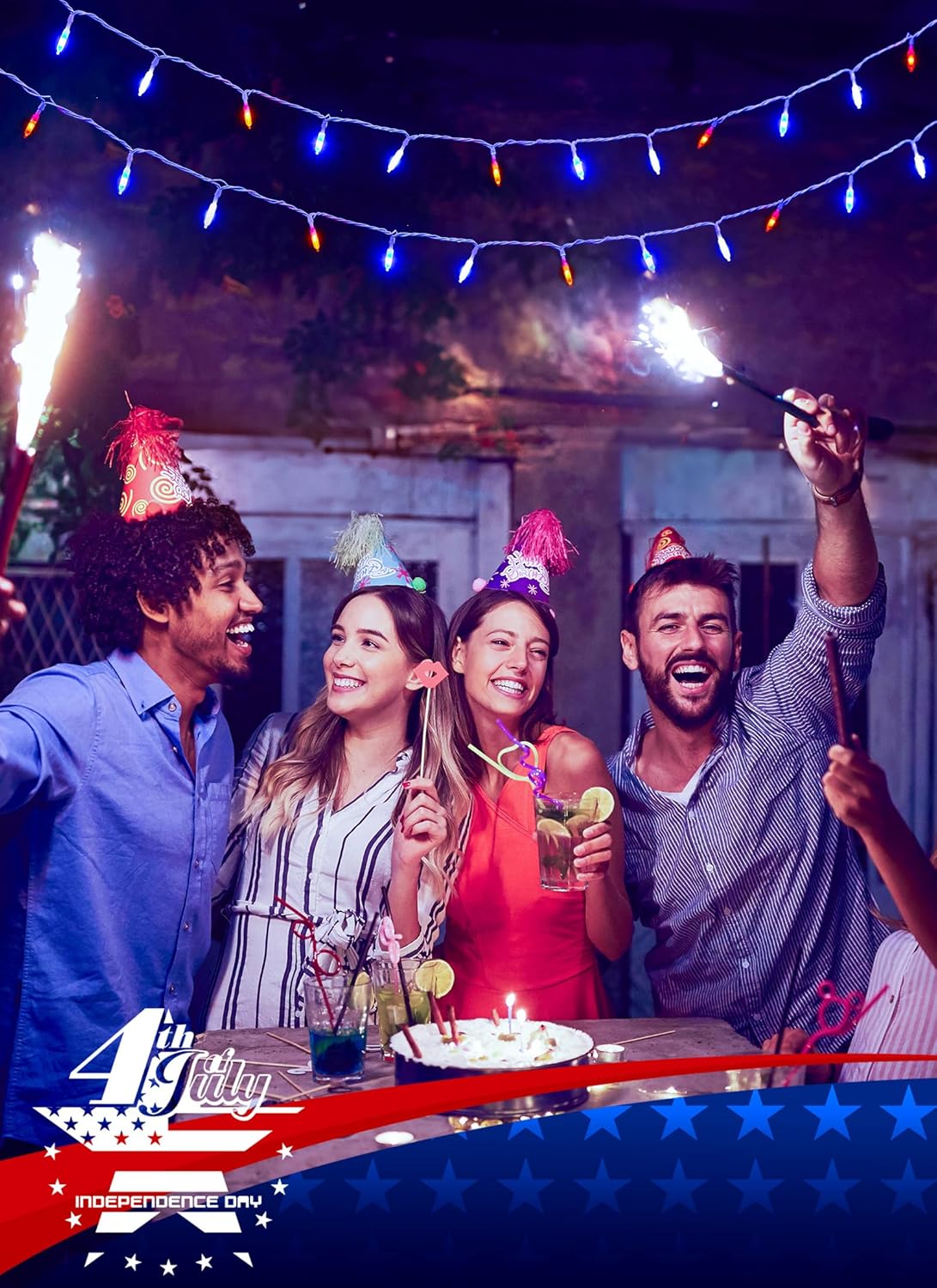 Red White Blue 33ft 100 LED String Lights with Remote, Plug-in, Independence Day