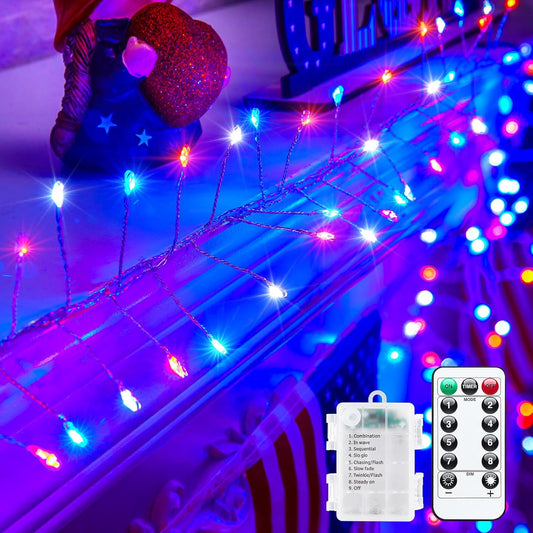 Battery Operated Red White Blue 10ft Firecracker String Lights, 120 LEDs, Remote