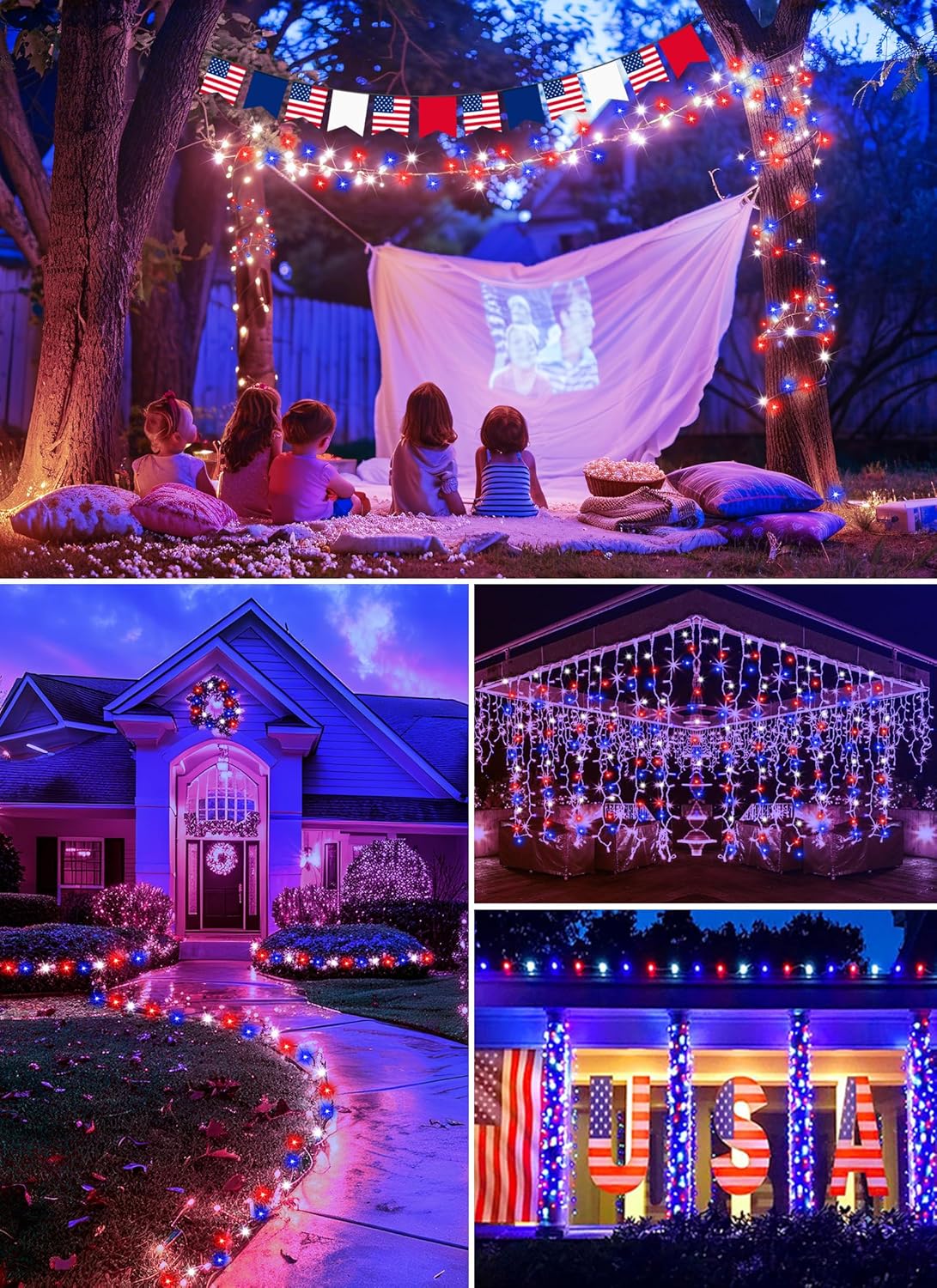 Battery Operated Red White Blue 10ft Firecracker String Lights, 120 LEDs, Remote