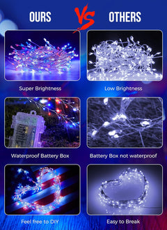 Battery Operated Red White Blue 10ft Firecracker String Lights, 120 LEDs, Remote