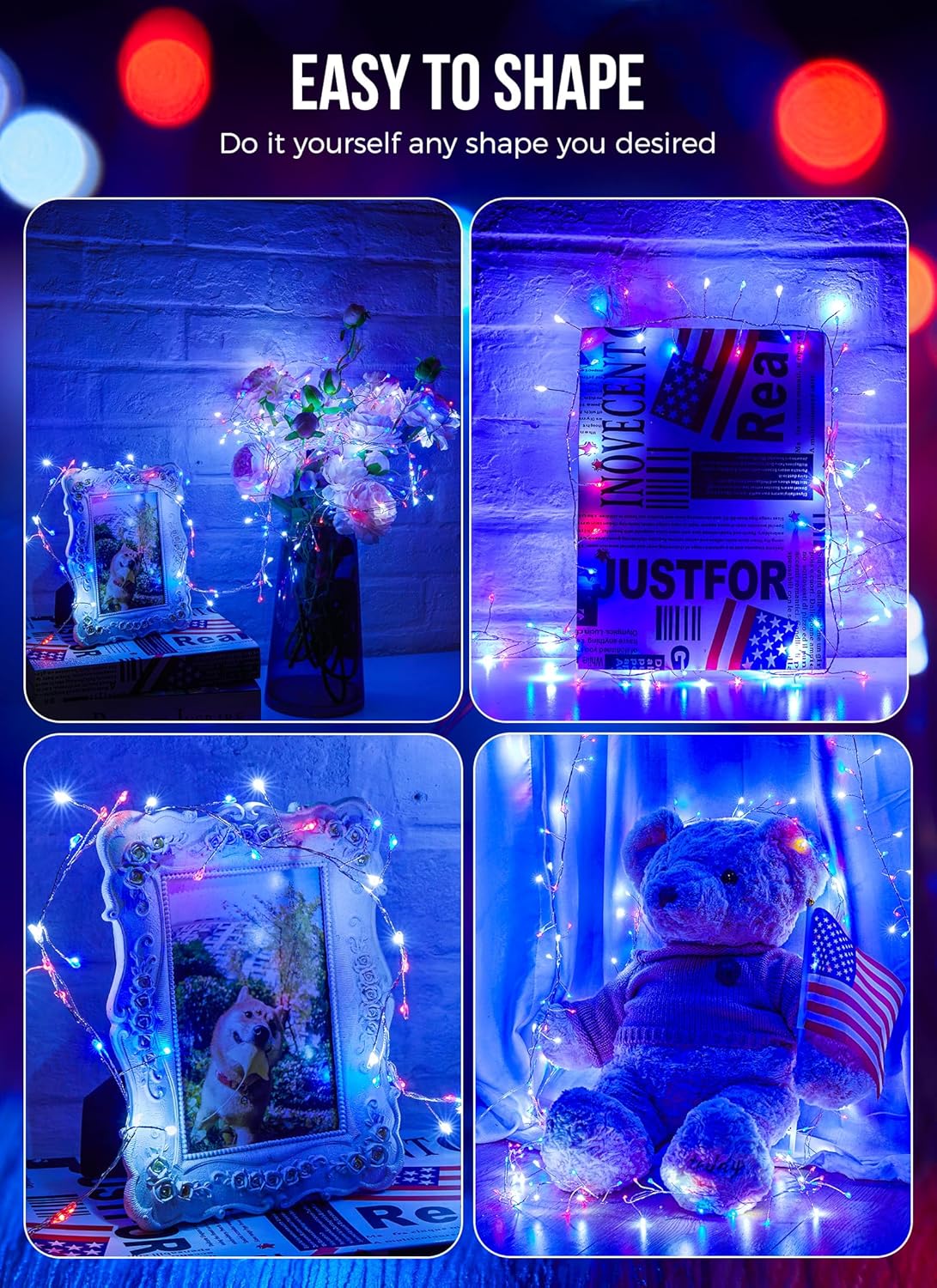 Battery Operated Red White Blue 10ft Firecracker String Lights, 120 LEDs, Remote