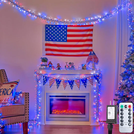 Red White Blue 25ft 500 LED Cluster String Lights, 8 Modes, Waterproof, Independence Day