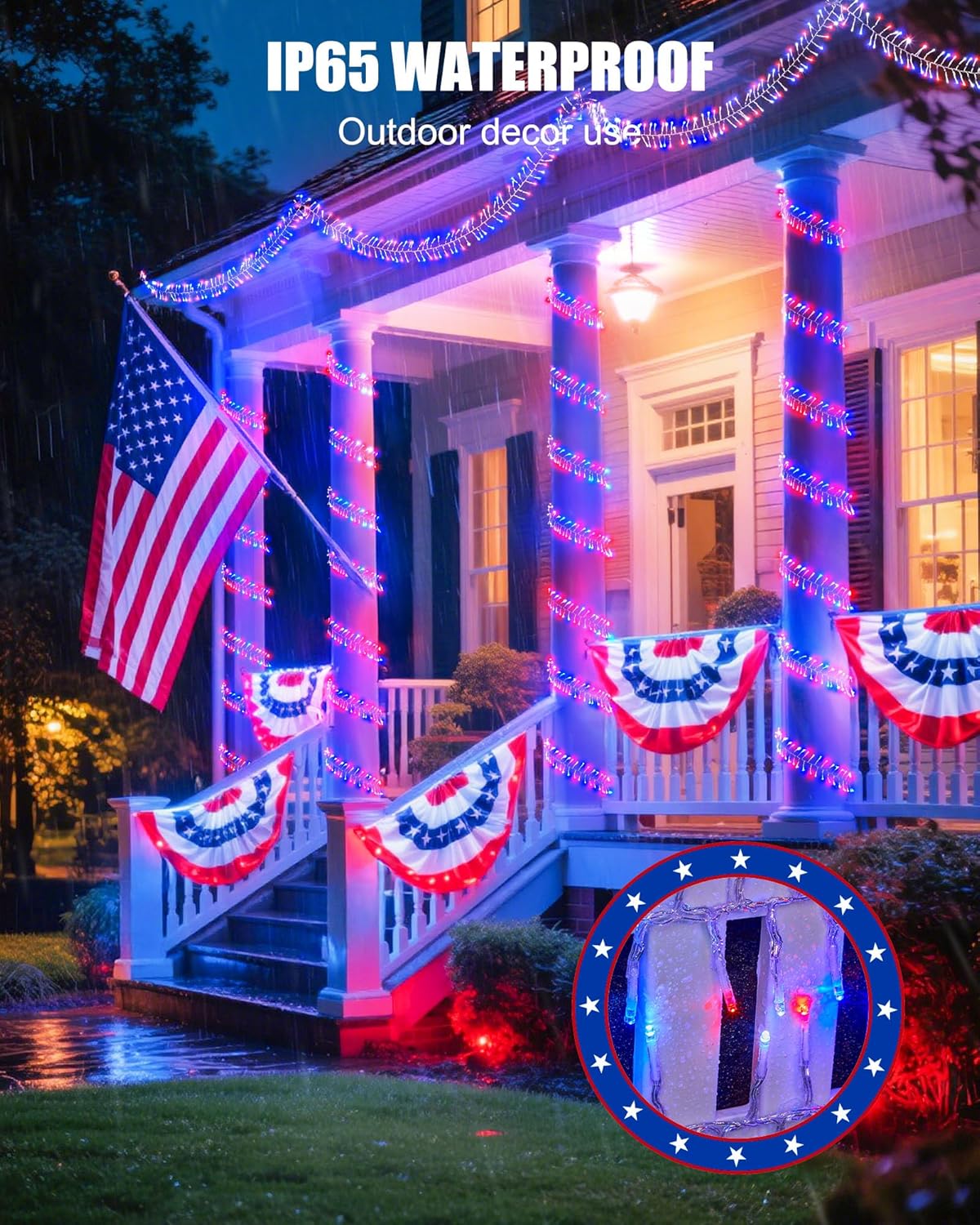 Red White Blue 25ft 500 LED Cluster String Lights, 8 Modes, Waterproof, Independence Day