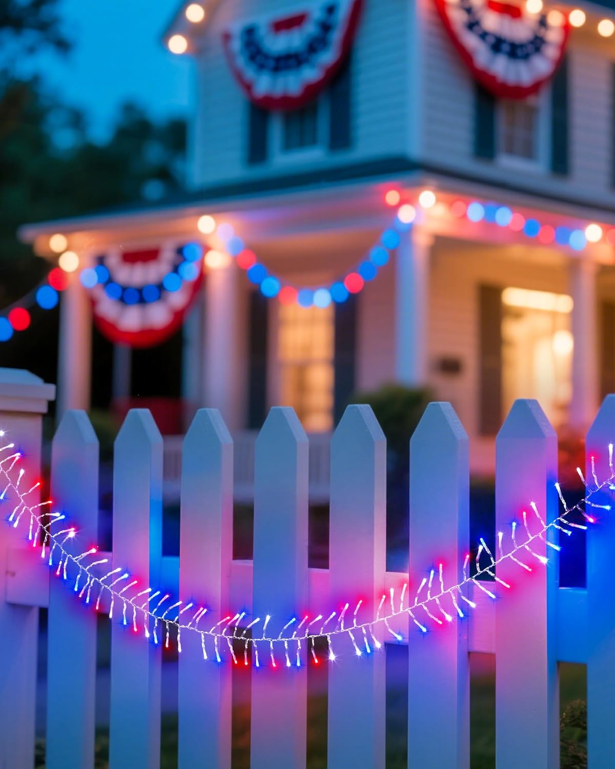 Red White Blue 25ft 500 LED Cluster String Lights, 8 Modes, Waterproof, Independence Day