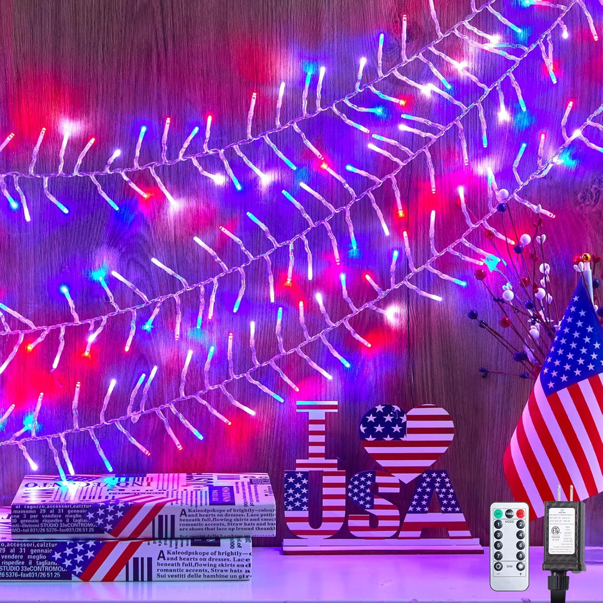 Red White Blue 1000 LED 50ft Patriotic Cluster String Lights with 8 Modes, Waterproof