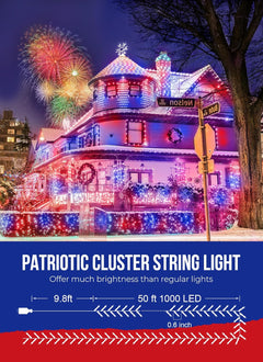 Red White Blue 1000 LED 50ft Patriotic Cluster String Lights with 8 Modes, Waterproof