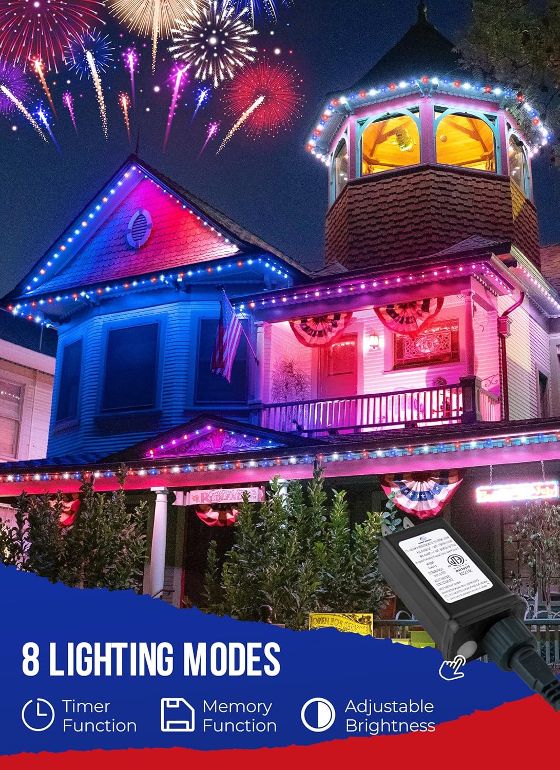 Red White Blue 1000 LED 50ft Patriotic Cluster String Lights with 8 Modes, Waterproof