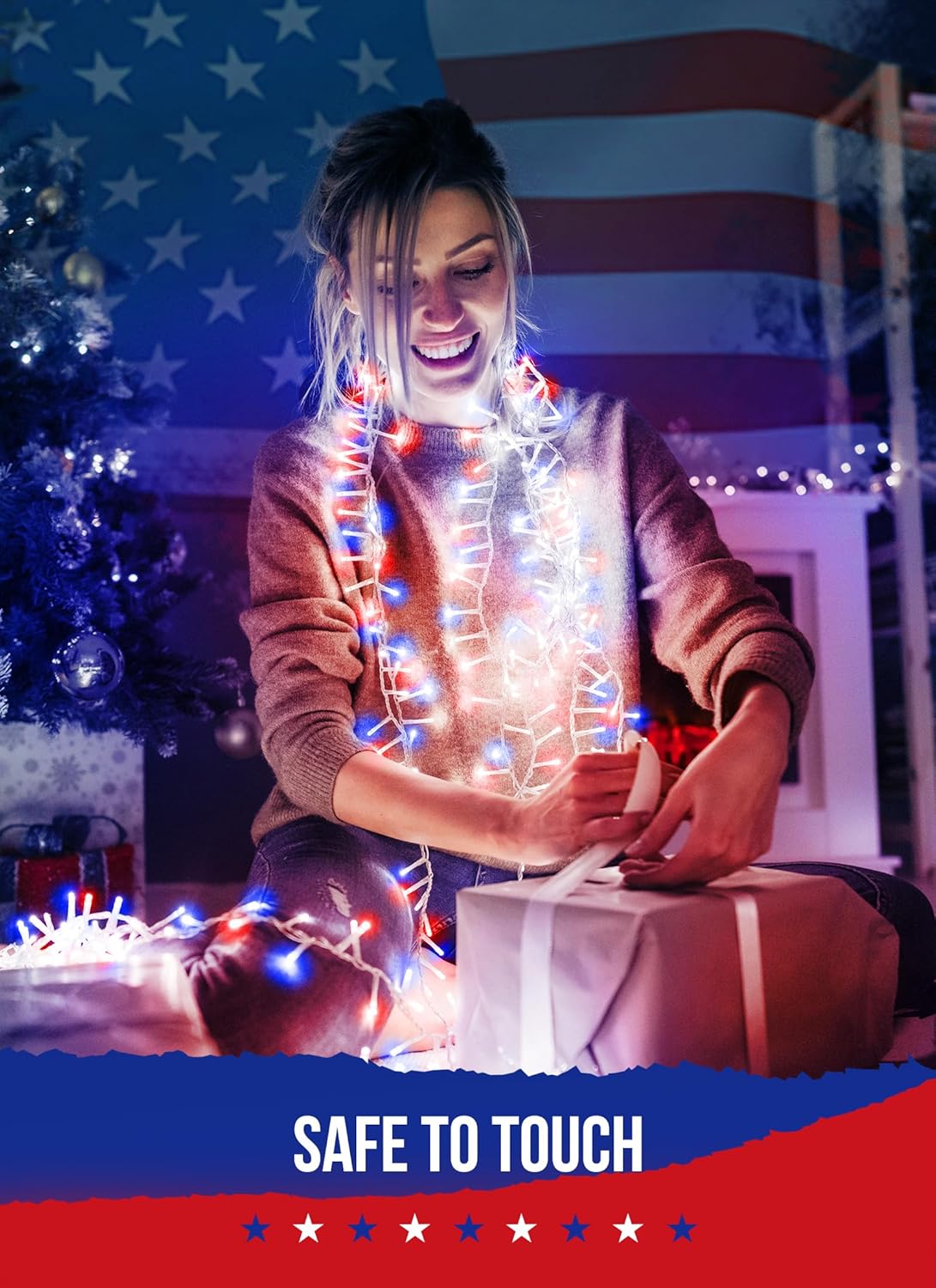 Red White Blue 1000 LED 50ft Patriotic Cluster String Lights with 8 Modes, Waterproof