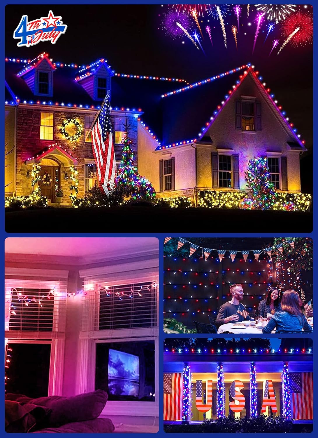 Red White Blue 1000 LED 50ft Patriotic Cluster String Lights with 8 Modes, Waterproof