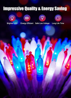 Independence Day 8ft Battery Operated String Lights, 20 Red White Blue LEDs, Timer