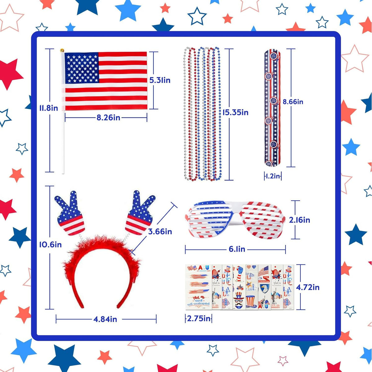82-Piece 4th of July Party Set – Glasses, Headbands, Necklaces, Bracelets & Tattoos