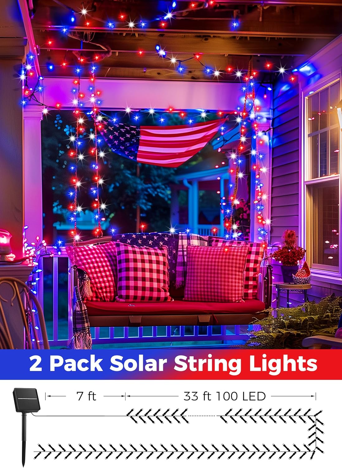 Red White Blue 80ft Solar String Lights, 200 LEDs, 8 Modes, Waterproof, 2-Pack
