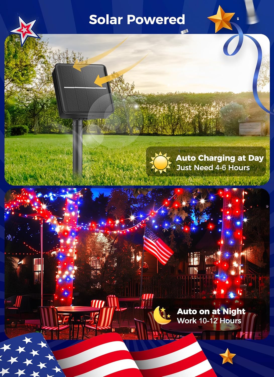 Red White Blue 80ft Solar String Lights, 200 LEDs, 8 Modes, Waterproof, 2-Pack