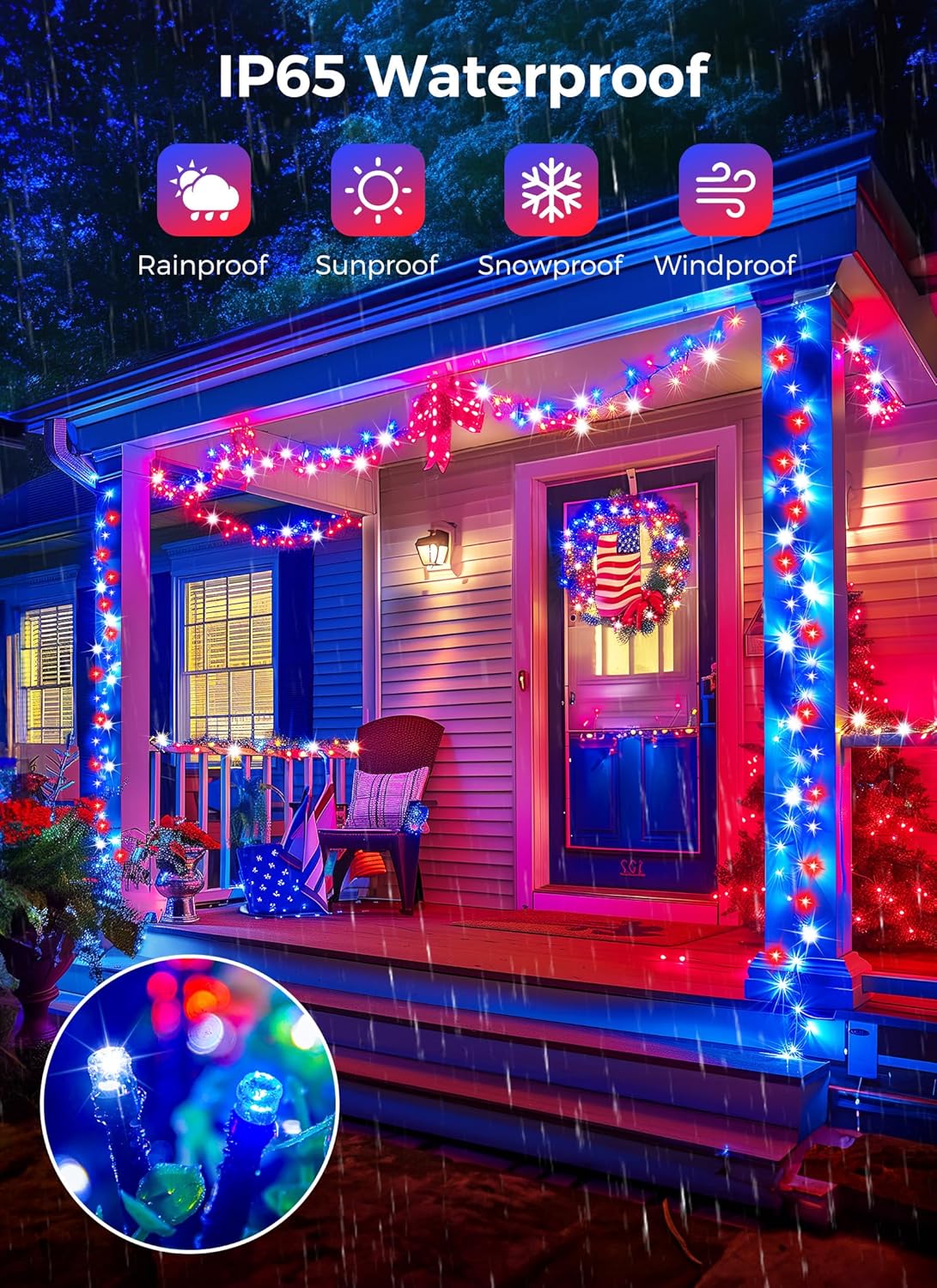 Red White Blue 80ft Solar String Lights, 200 LEDs, 8 Modes, Waterproof, 2-Pack