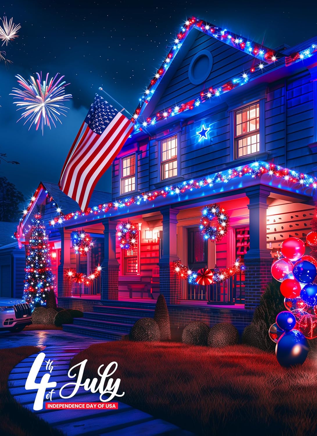 Red White Blue 80ft Solar String Lights, 200 LEDs, 8 Modes, Waterproof, 2-Pack