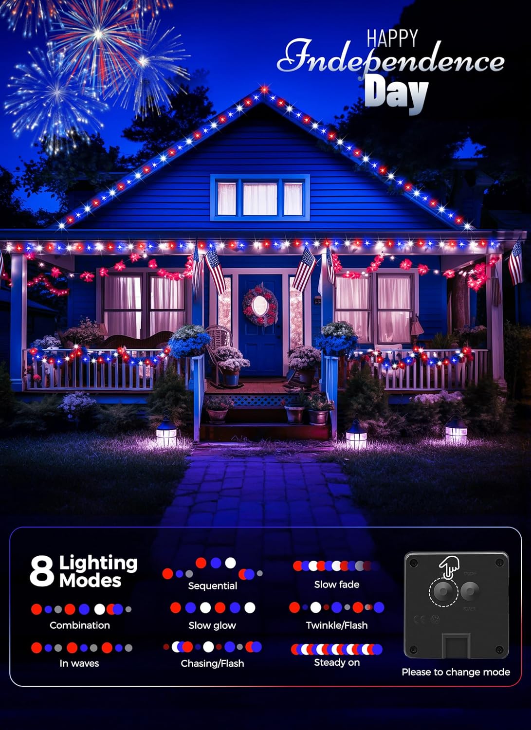 Red White Blue 80ft Solar String Lights, 200 LEDs, 8 Modes, Waterproof, 2-Pack