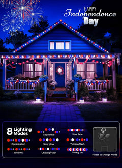 Red White Blue 80ft Solar String Lights, 200 LEDs, 8 Modes, Waterproof, 2-Pack