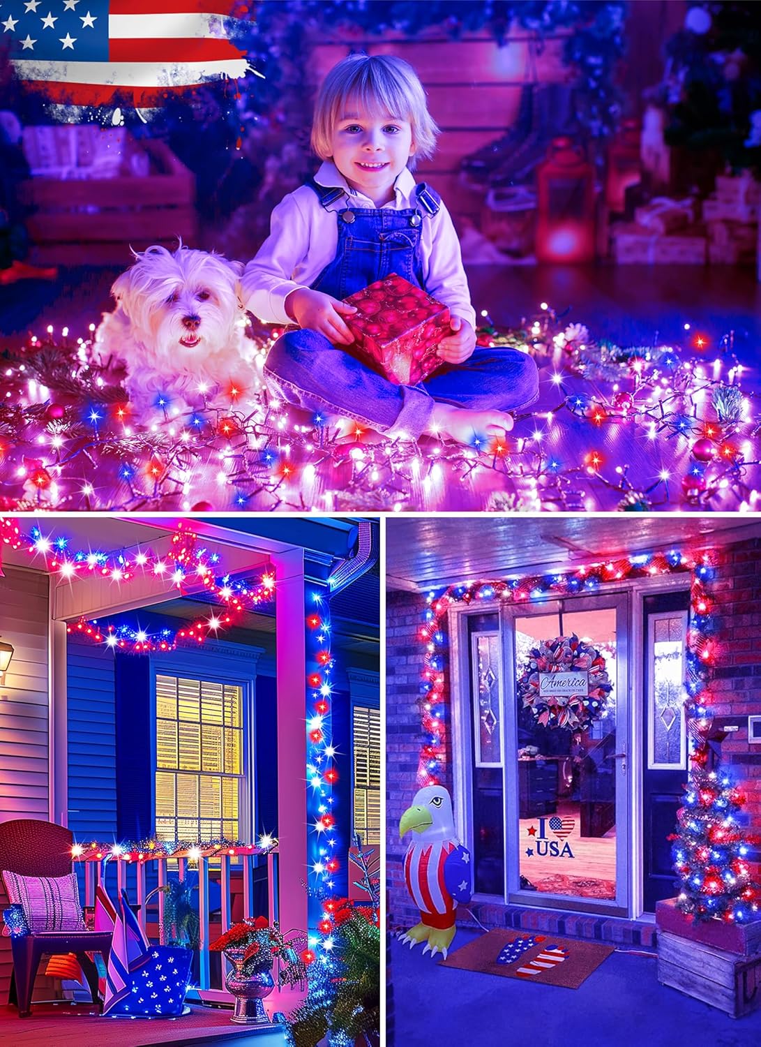 Red White Blue 80ft Solar String Lights, 200 LEDs, 8 Modes, Waterproof, 2-Pack