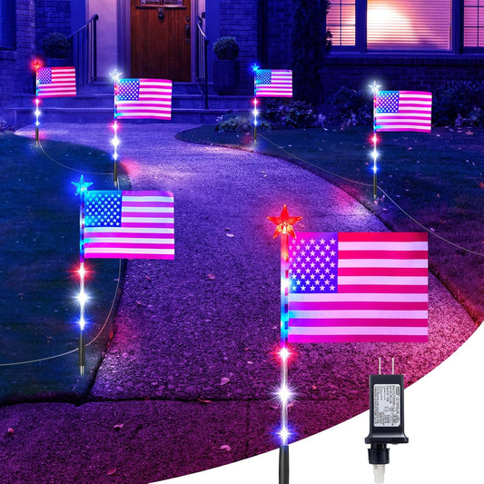 Red White Blue 6 Flag Pathway Lights with 8 Modes for Outdoor Patriotic Decor