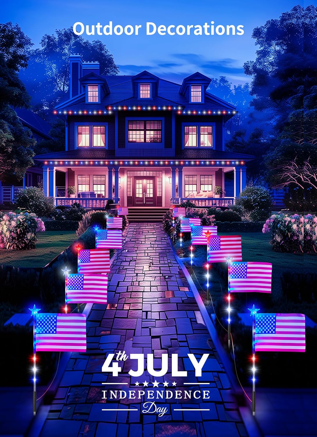 Red White Blue 6 Flag Pathway Lights with 8 Modes for Outdoor Patriotic Decor