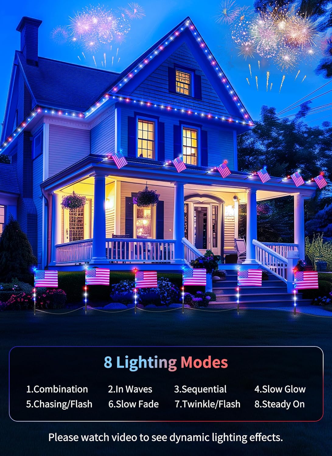 Red White Blue 6 Flag Pathway Lights with 8 Modes for Outdoor Patriotic Decor