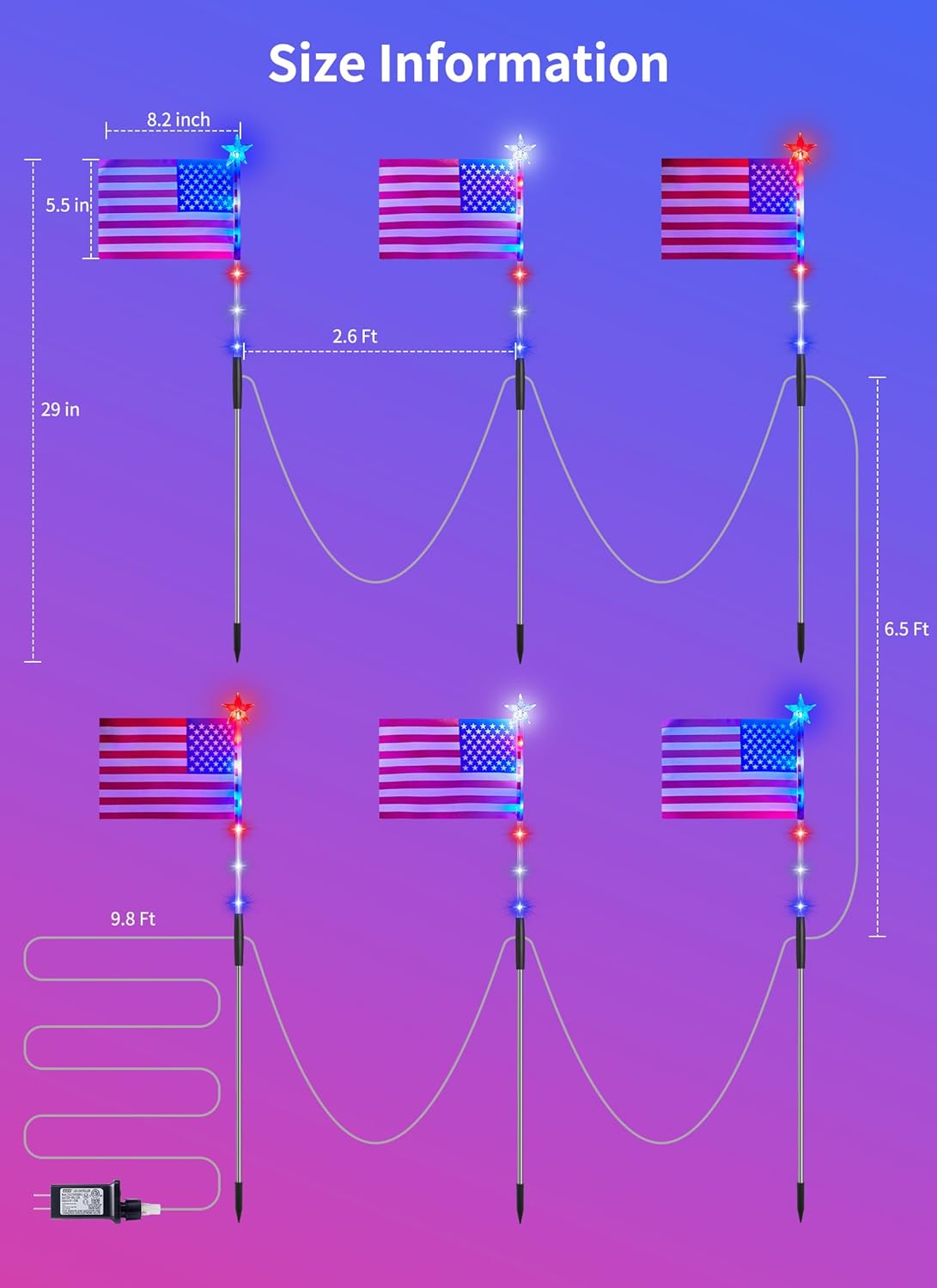Red White Blue 6 Flag Pathway Lights with 8 Modes for Outdoor Patriotic Decor
