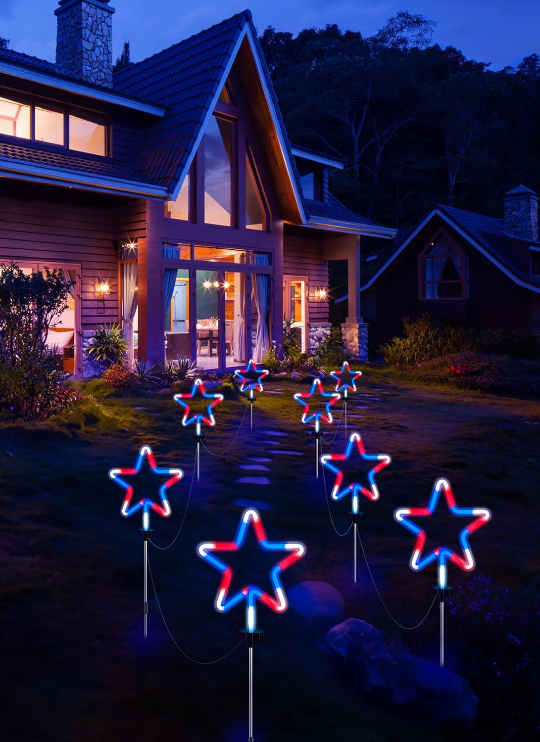 Red White Blue 4 Big Neon Star Outdoor Pathway Lights for 4th of July