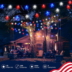 Red White Blue Solar-Powered 25ft 50 LED Star String Lights with 8 Modes