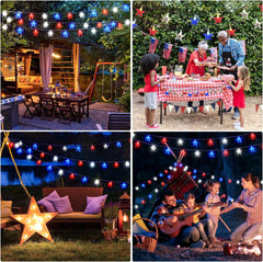 Red White Blue Solar-Powered 25ft 50 LED Star String Lights with 8 Modes