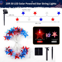 Red White Blue Solar-Powered 25ft 50 LED Star String Lights with 8 Modes