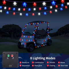 Red White Blue Solar-Powered 25ft 50 LED Star String Lights with 8 Modes